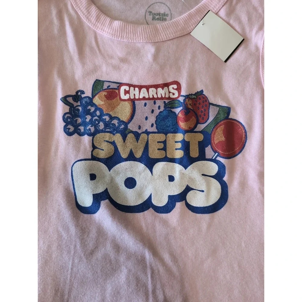 Charms Blow Pop Sweet Pops Pink Ringer Tee Shirt Jr Youth L Gum Candy 90s Retro
